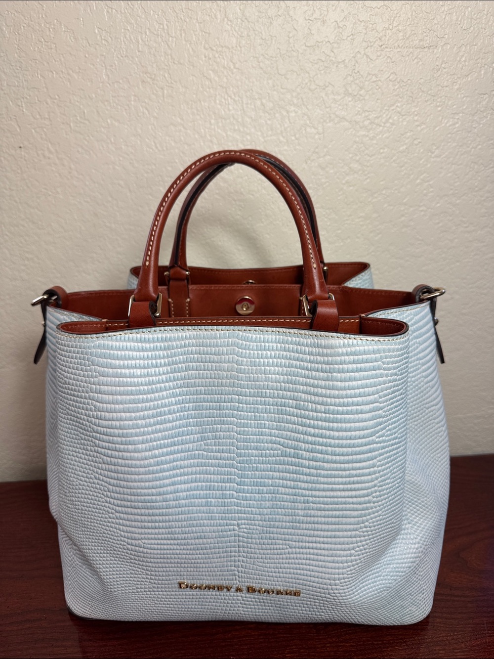 Dooney & Bourke Embosed Lizard Light Blue Textured Tote with Brown Leather Trim